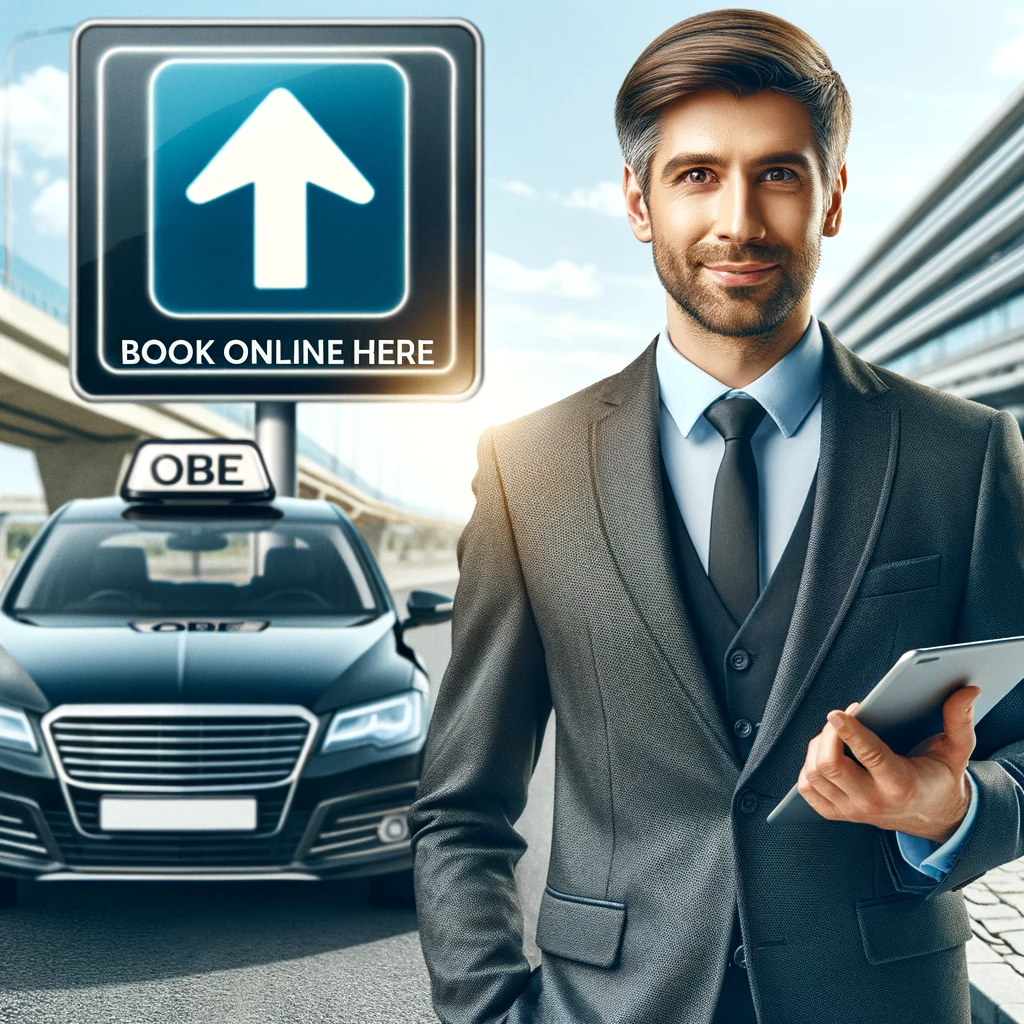DALL·E 2024-01-26 10.11.34 - Create an image of a professional VTC (private hire) driver, standing next to a high-end, modern car. The driver is dressed smartly in a suit and tie,