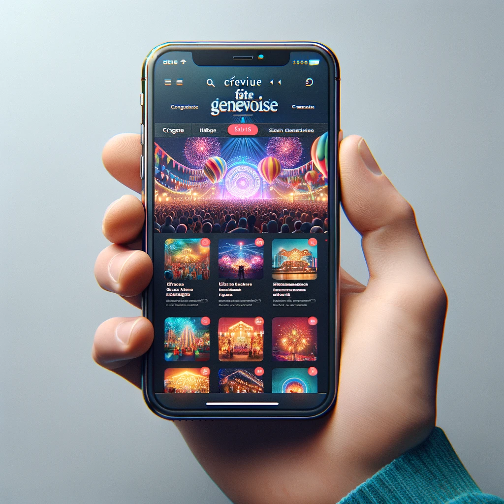 DALL·E 2024-02-02 12.11.17 - Créez une image réaliste d'un iPhone moderne tenu à la main, avec l'écran affichant un site web fictif de fête genevoise. L'écran doit montrer une int