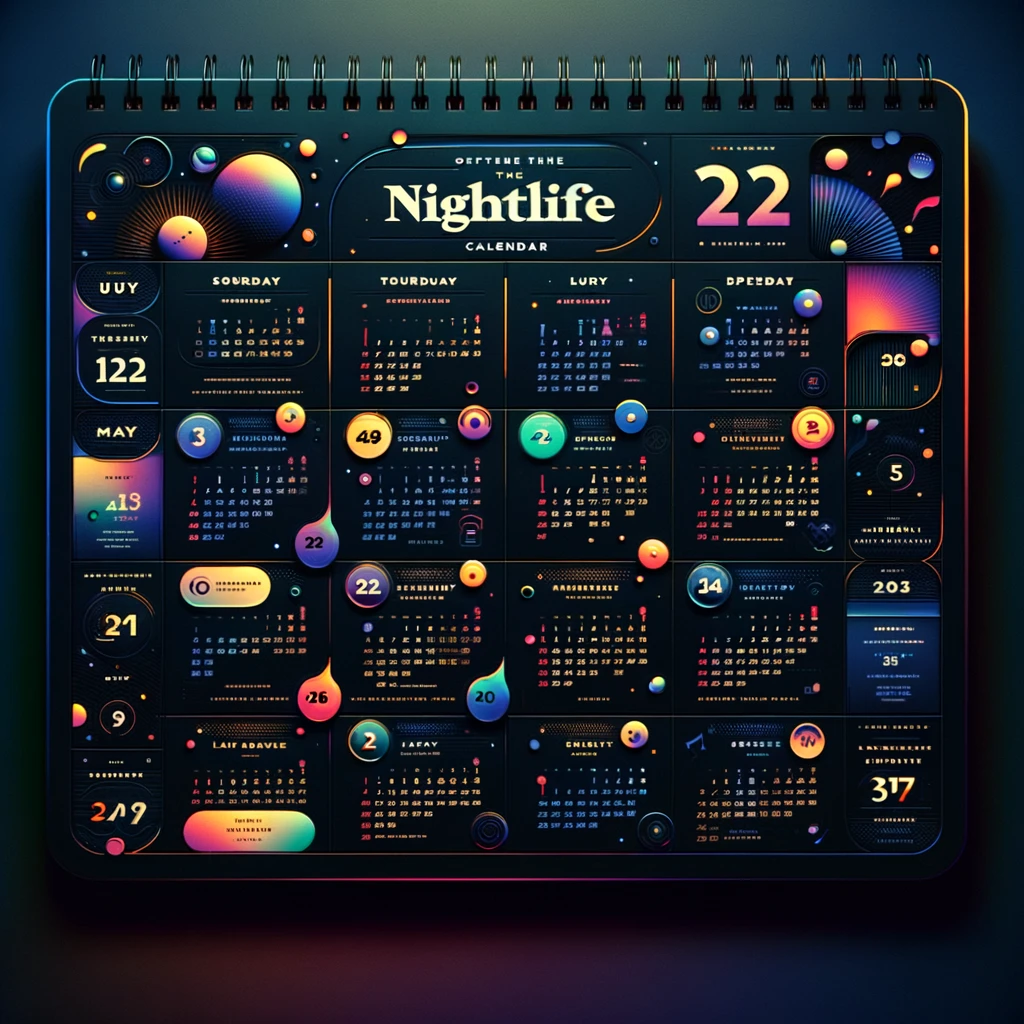 DALL·E 2024-02-13 21.49.57 - An elegant and visually appealing calendar designed for a nightlife website, showcasing upcoming events and parties. The calendar features a dark, vib